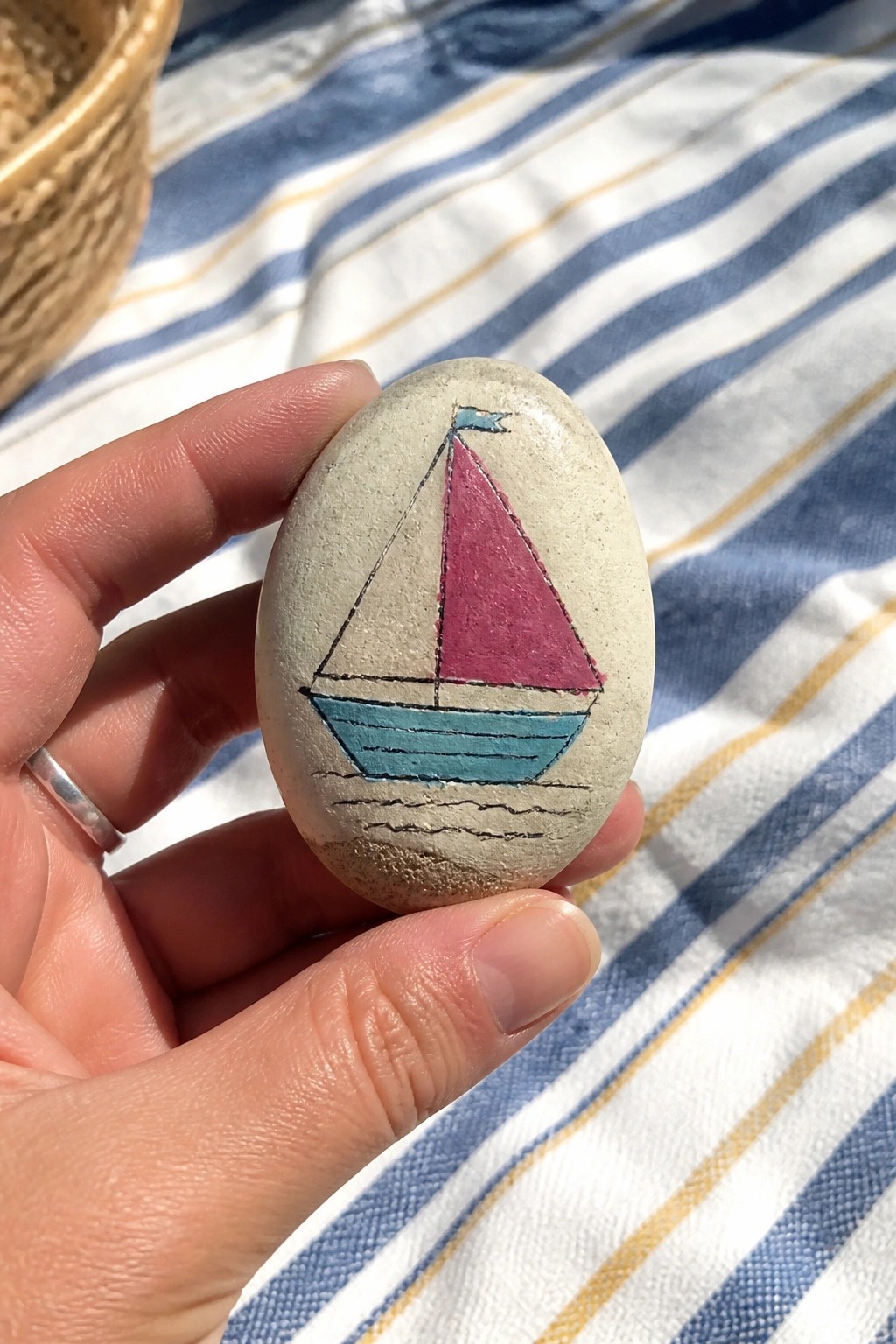 A hand holds a smooth oval stone painted with a minimalist sailboat in teal, pink, and black outlines against a striped fabric background.