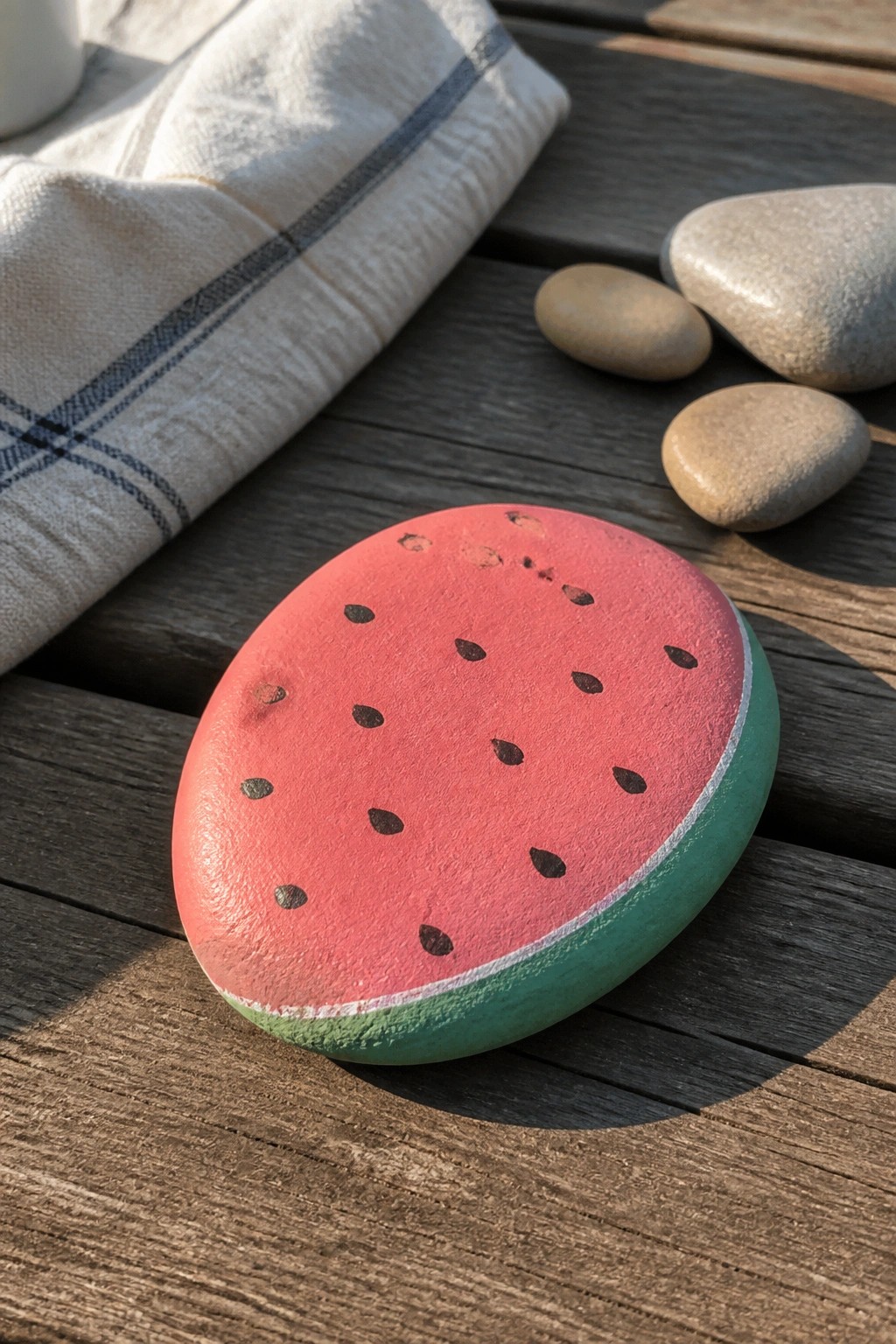 Watermelon-painted rock beside striped cloth and smooth stones on wood.