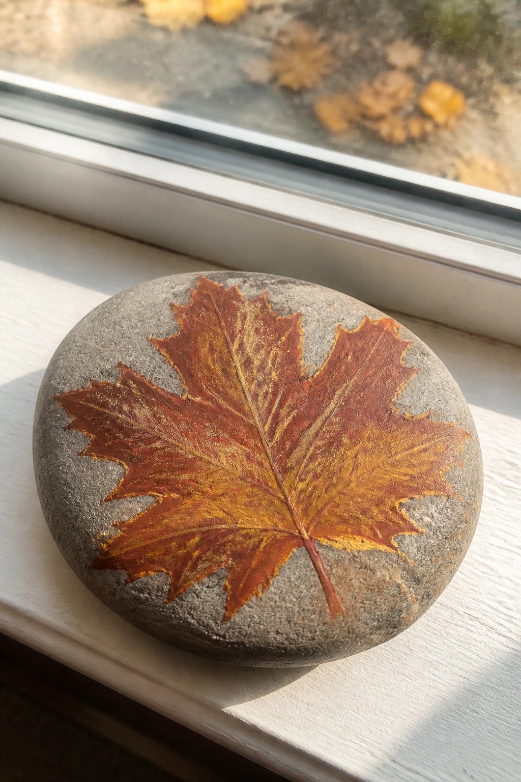 Round gray stone with vibrant orange maple leaf on white windowsill