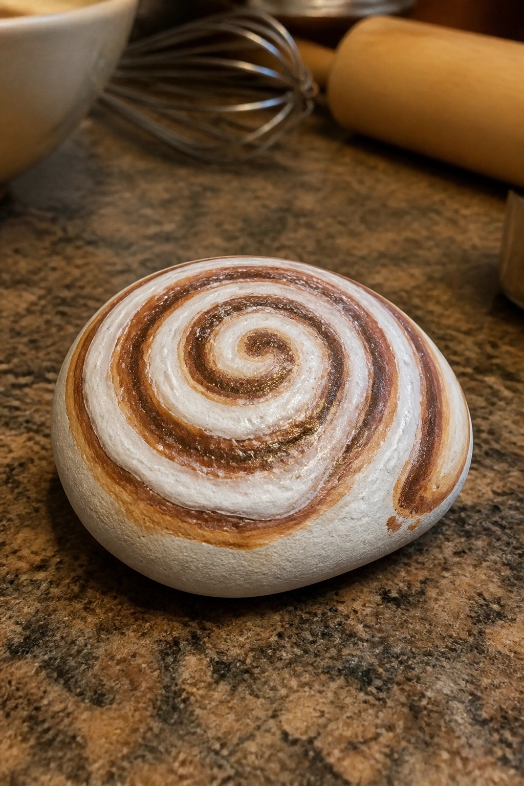 Round painted stone with brown-white spiral on speckled kitchen counter