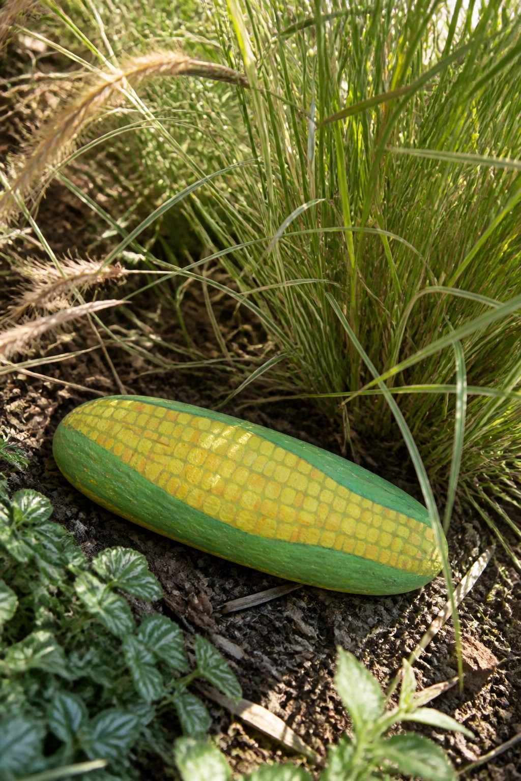 A rock painted to look like an ear of corn with green sides and yellow kernel squares lies on dirt near grass and leaves.