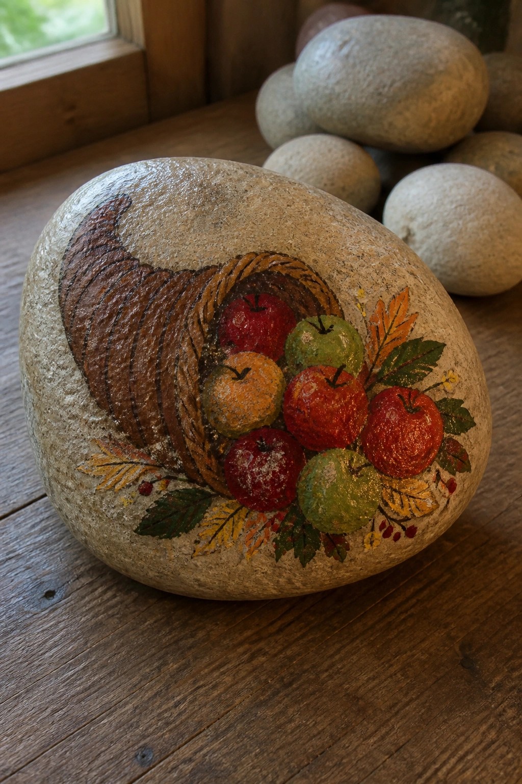 Painted rock with cornucopia of red and green apples and autumn leaves
