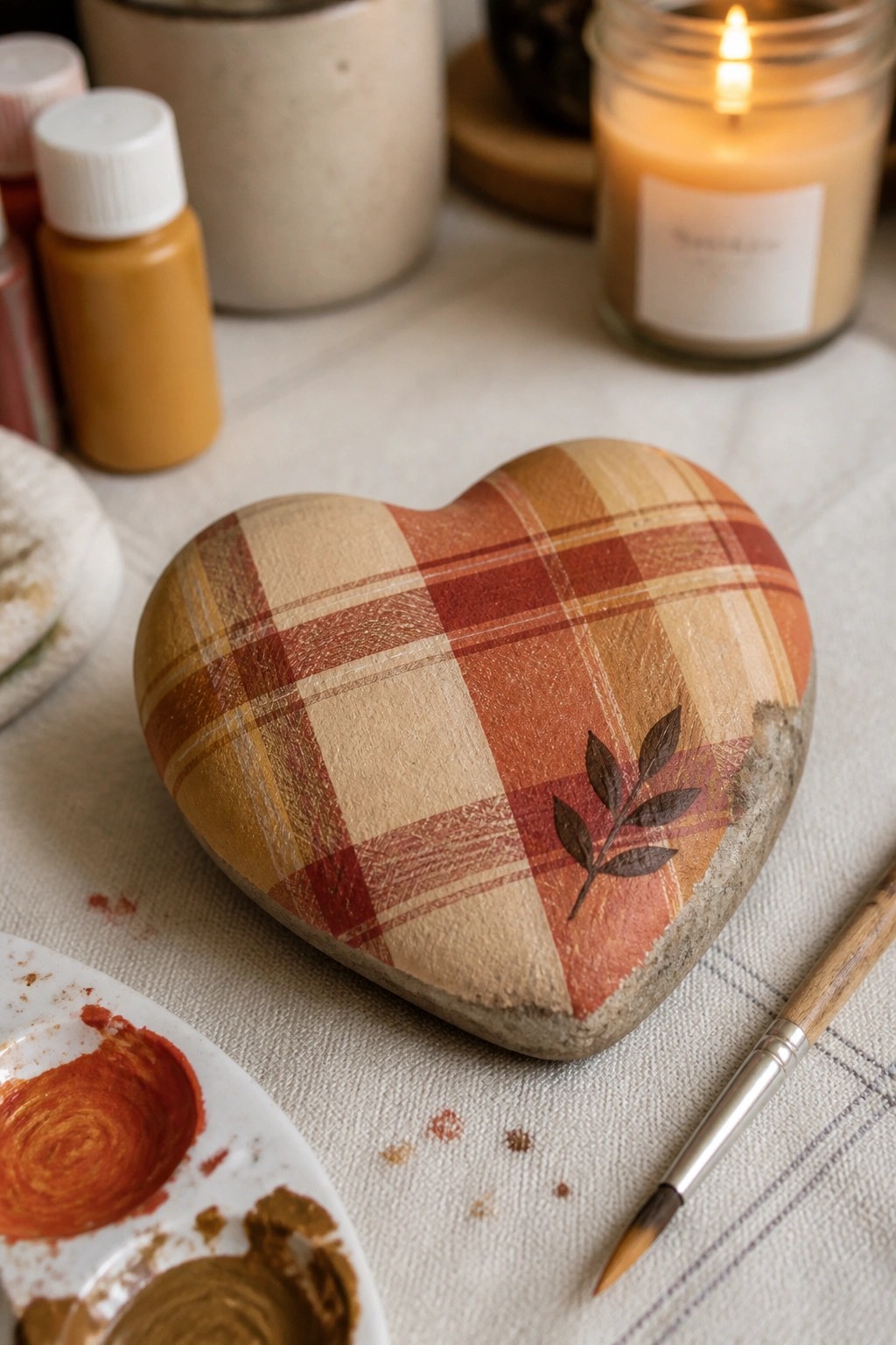 A heart-shaped stone painted with a plaid pattern in fall colors sits on a cloth with paint supplies and a lit candle nearby.