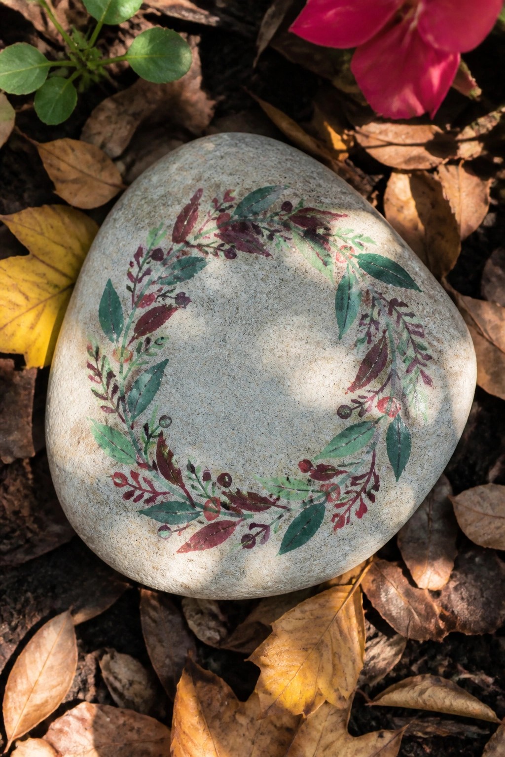 Painted gray stone with colorful floral wreath amid autumn leaves and pink flower