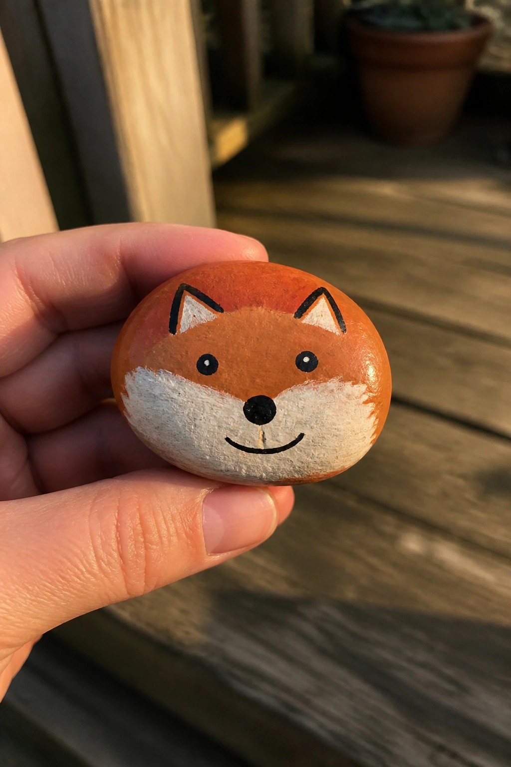 Hand holding smooth stone painted as smiling orange fox with white muzzle.