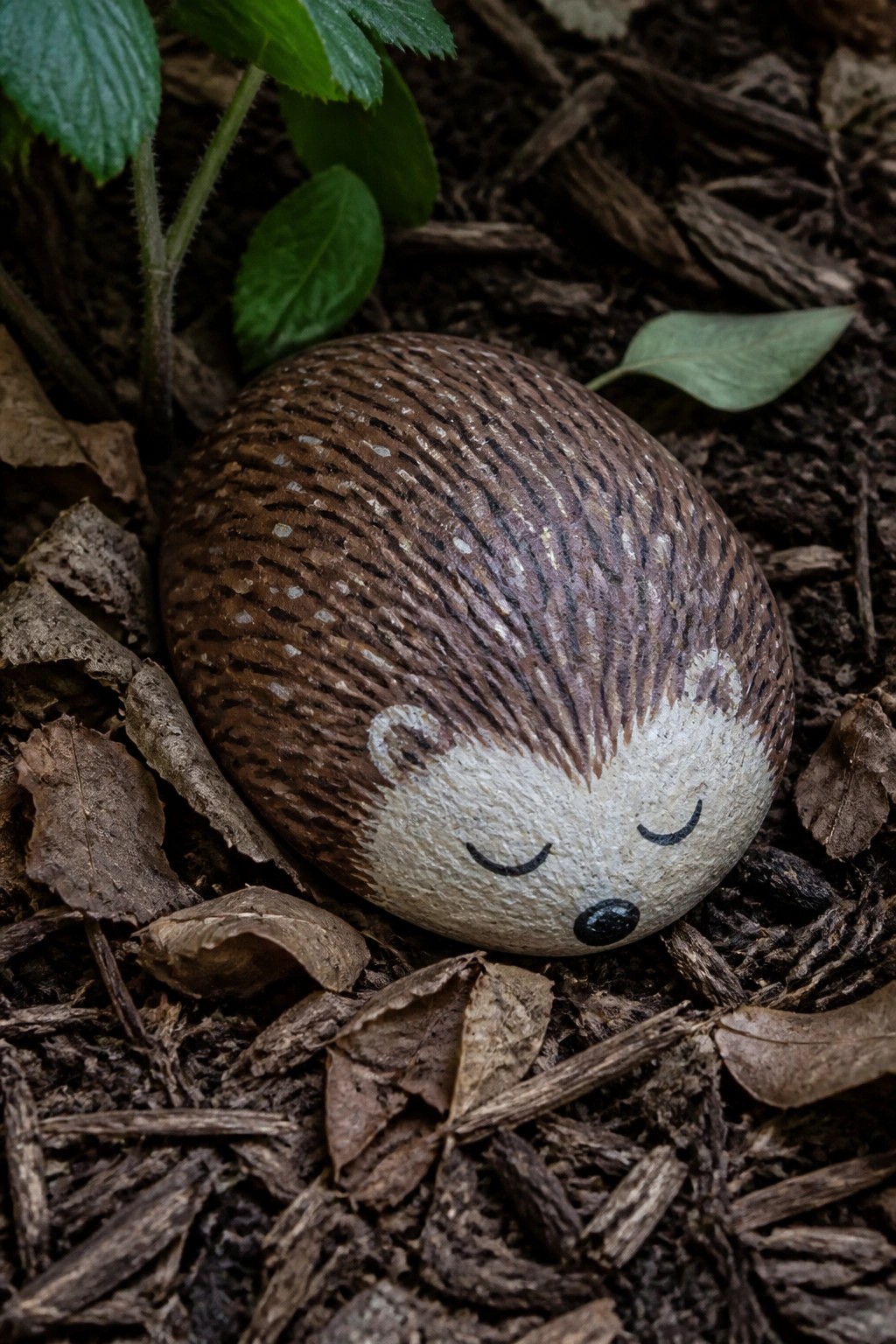 Painted hedgehog rock with closed eyes amid dry leaves and soil