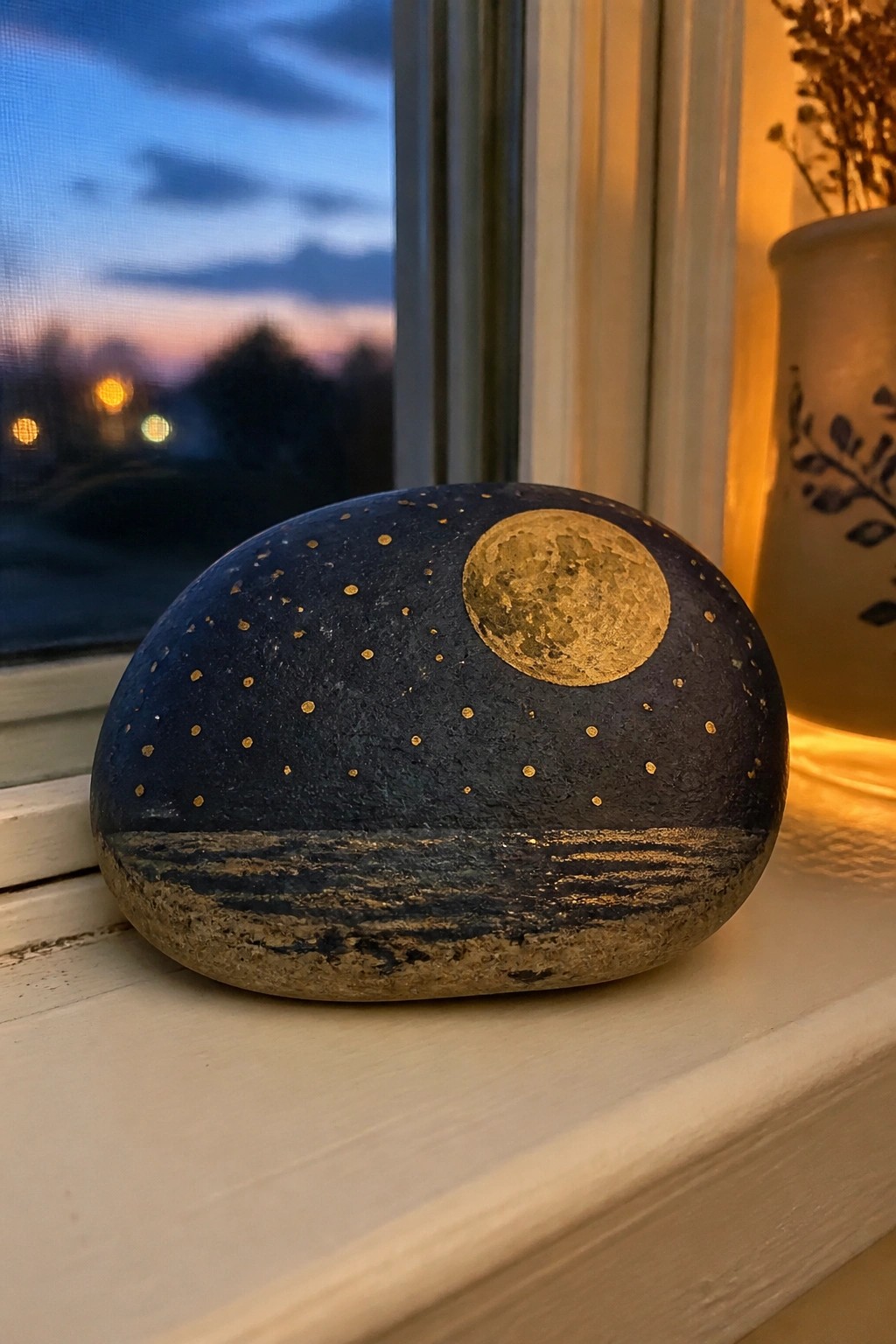 Painted rock with golden moon, stars, and horizon on windowsill at dusk