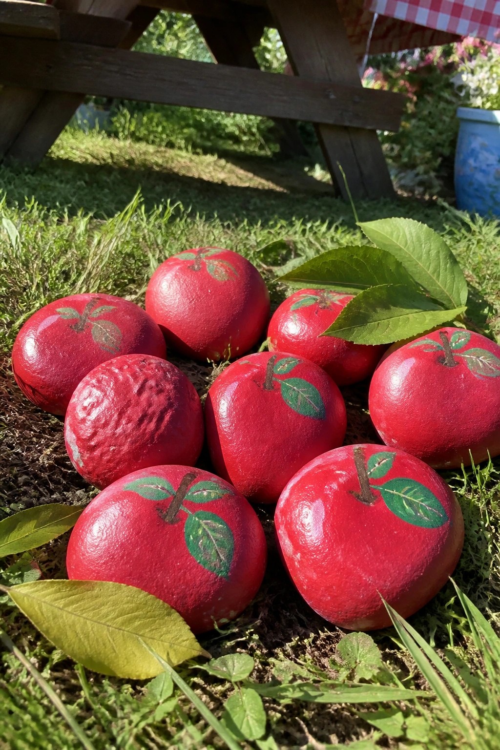 Red painted apple rocks with green leaves on grass under picnic table