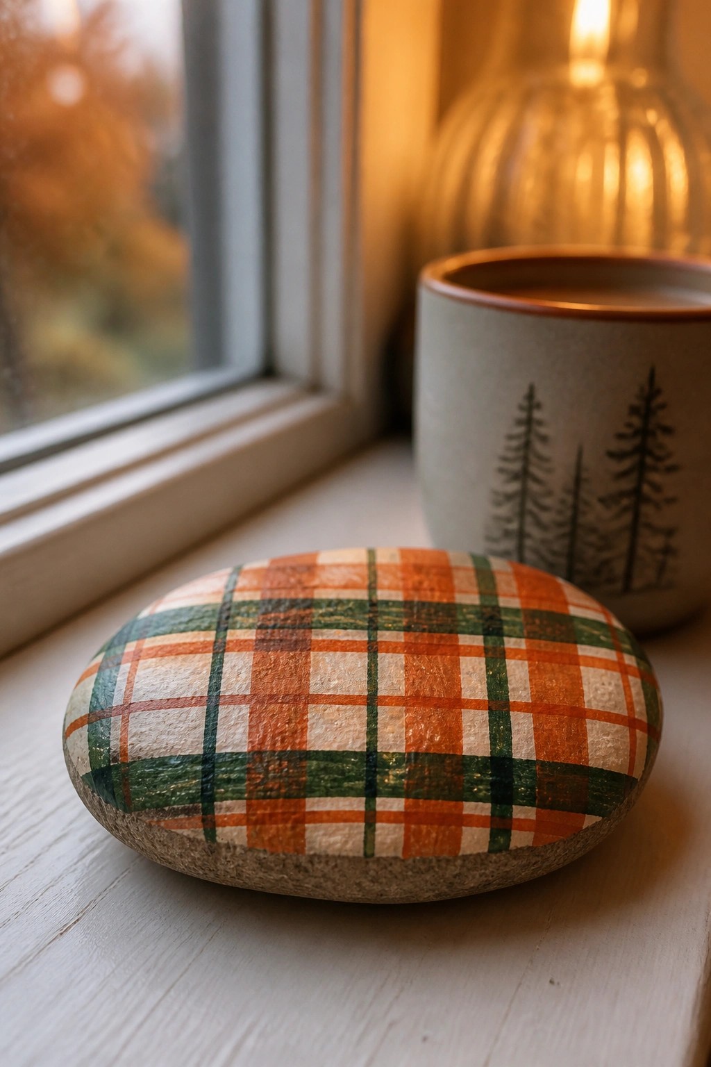 A smooth rock painted with an orange, green, and cream plaid pattern rests on a white windowsill.