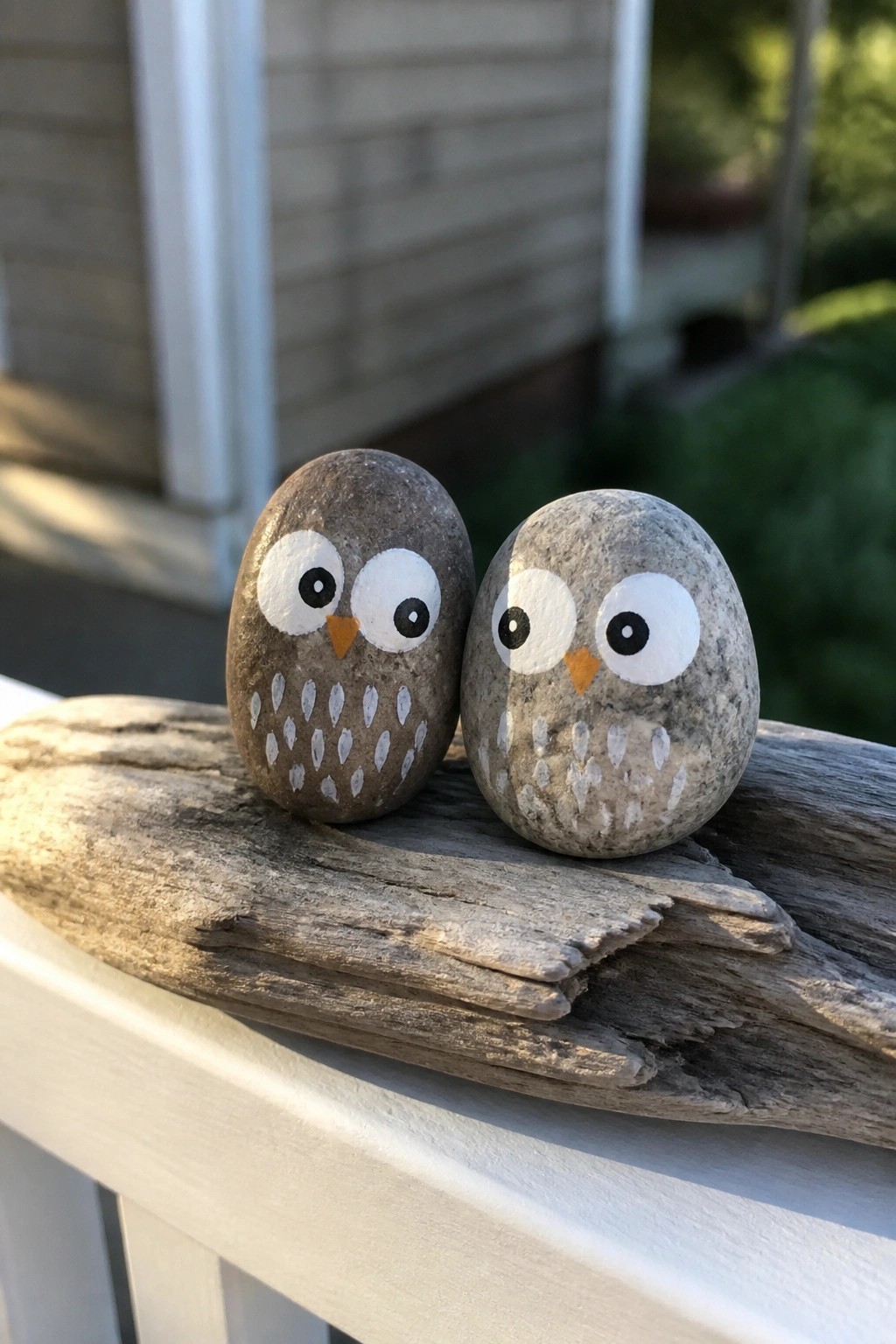 Two oval rocks painted as owls with white eyes, black pupils, orange beaks, and white feather dashes rest on a piece of driftwood.