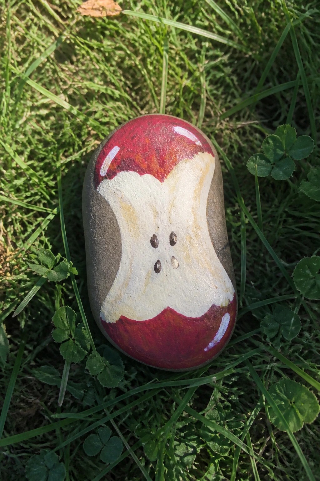 An oval rock painted like a red apple slice with white center and seeds sits on grass among clover leaves.
