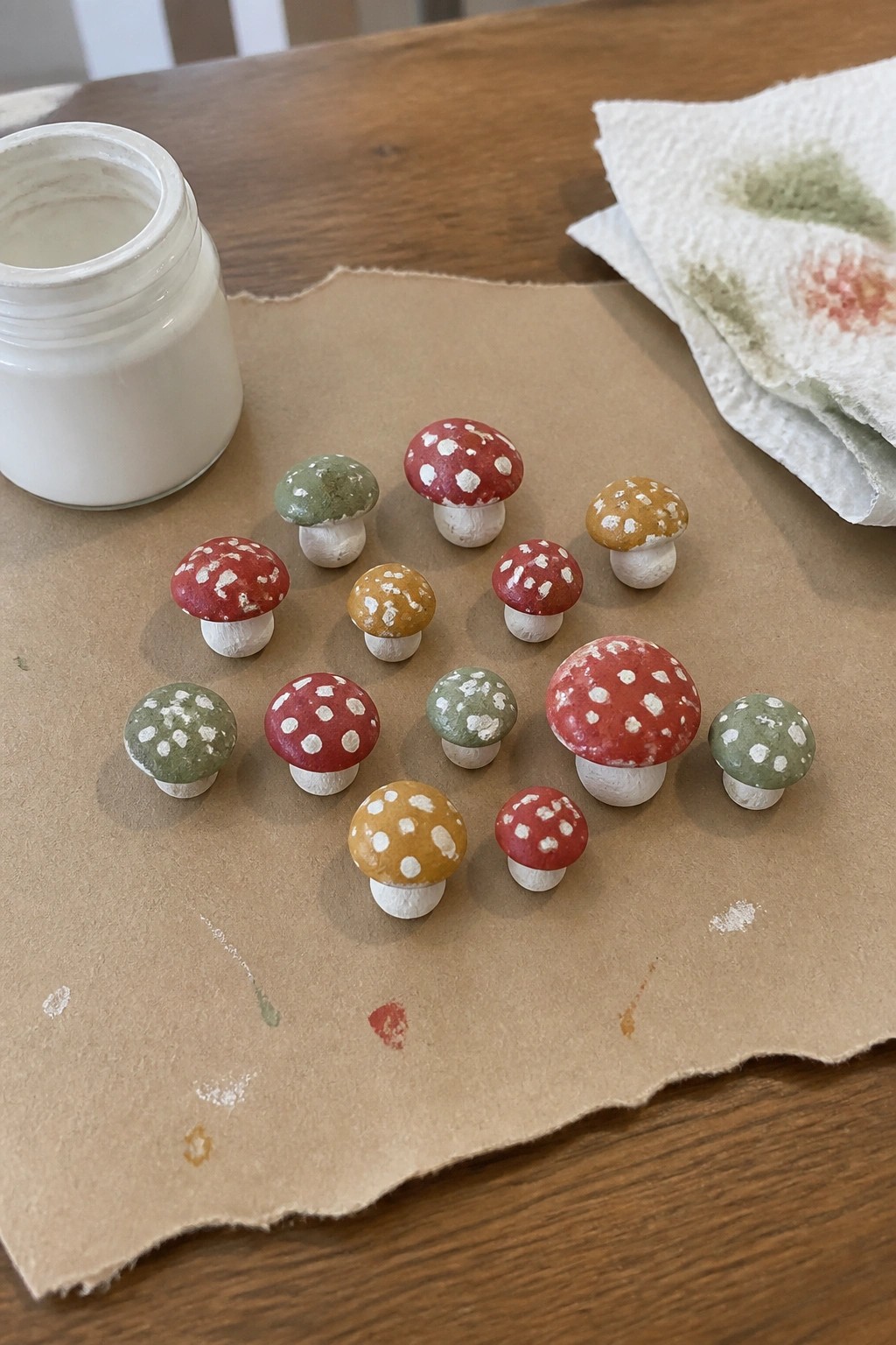 Hand-painted mushrooms in red, yellow, and green with white spots beside paint jar