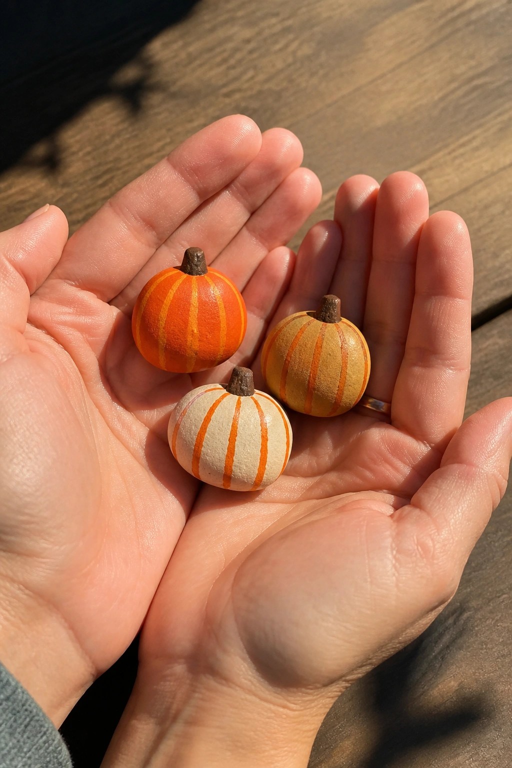 Three small rocks painted with orange stripes to look like miniature pumpkins rest in open hands.