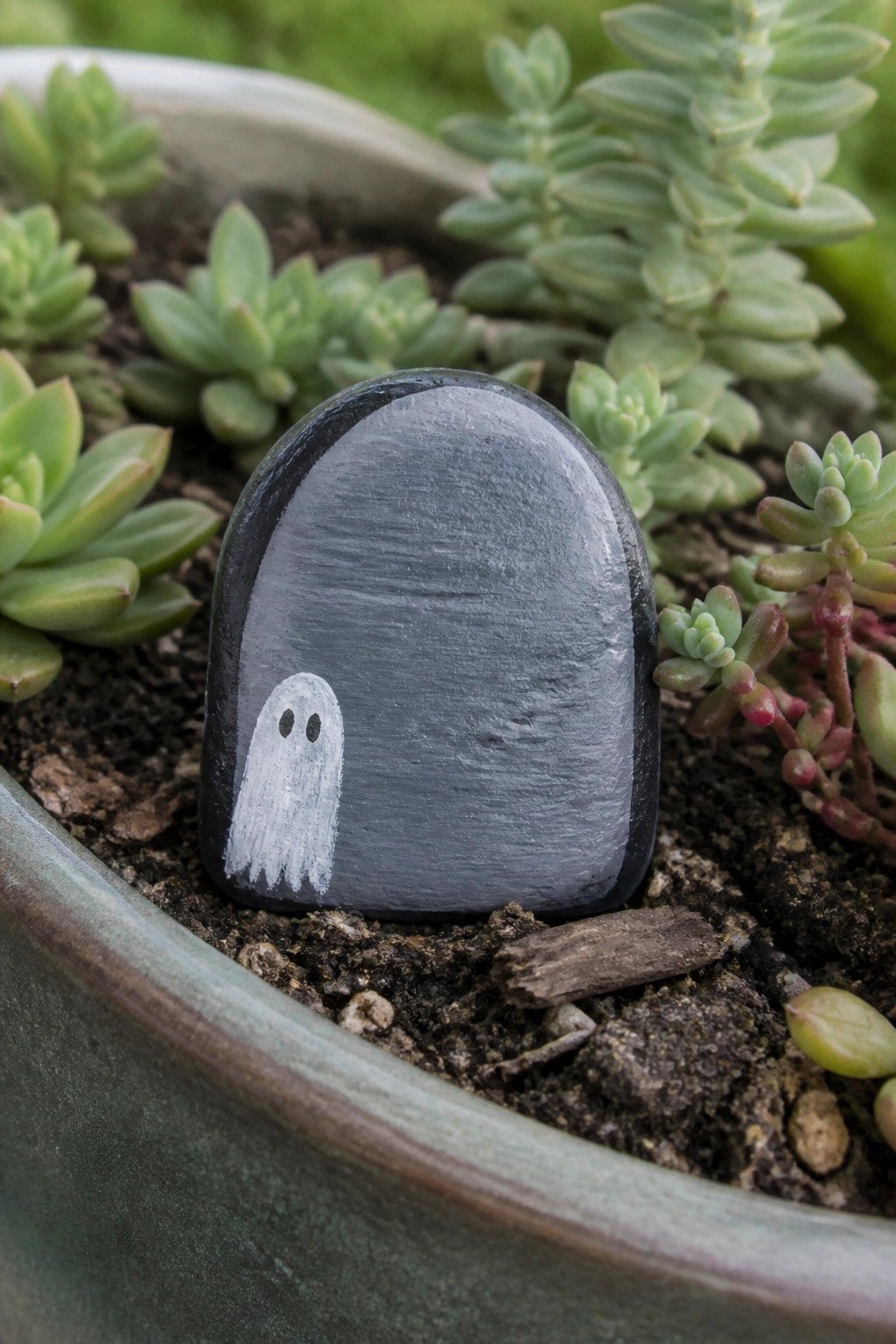 Gray rock painted with white ghost among green succulents in soil pot