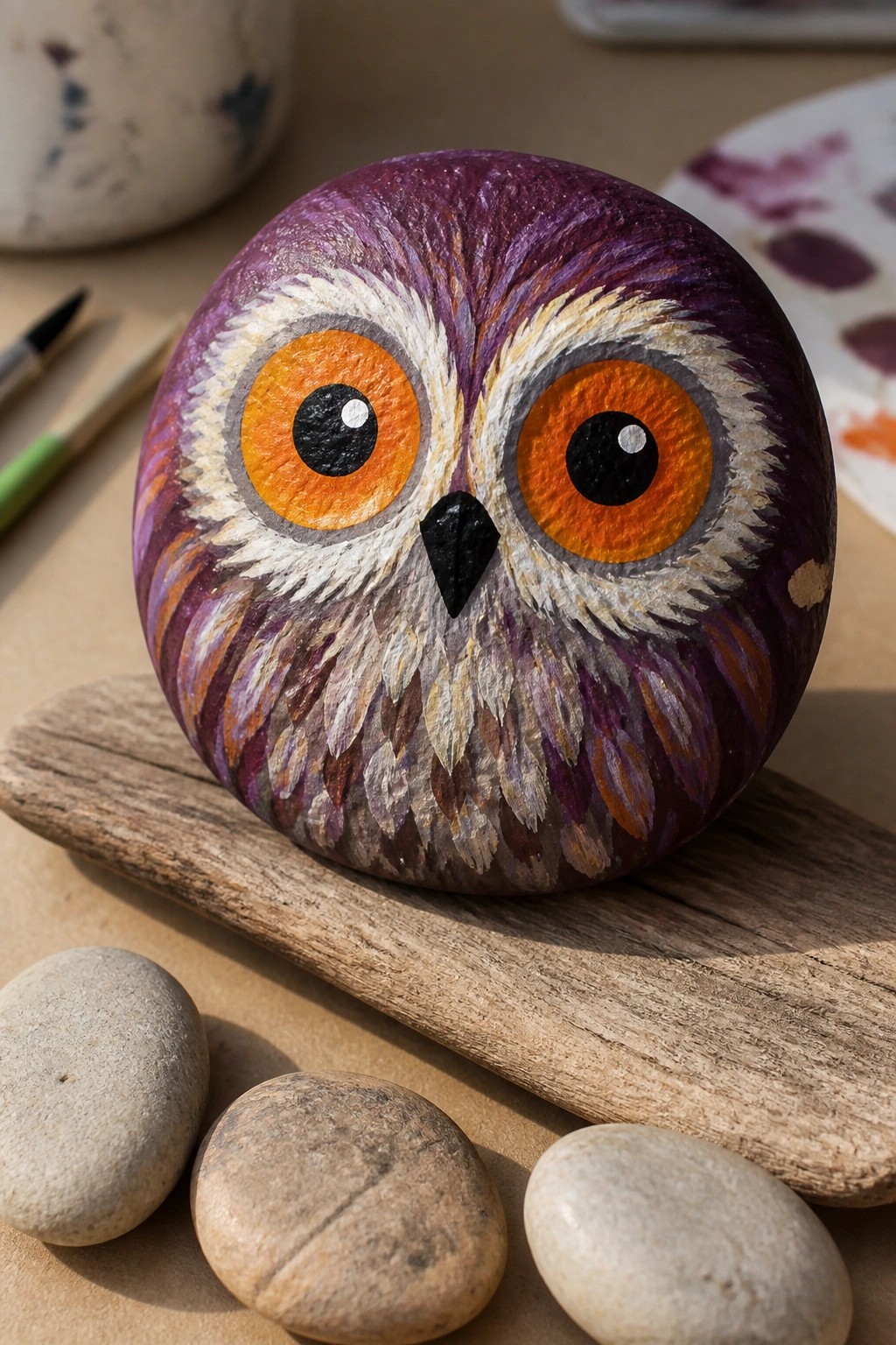 Purple owl rock with orange eyes on wood beside plain stones