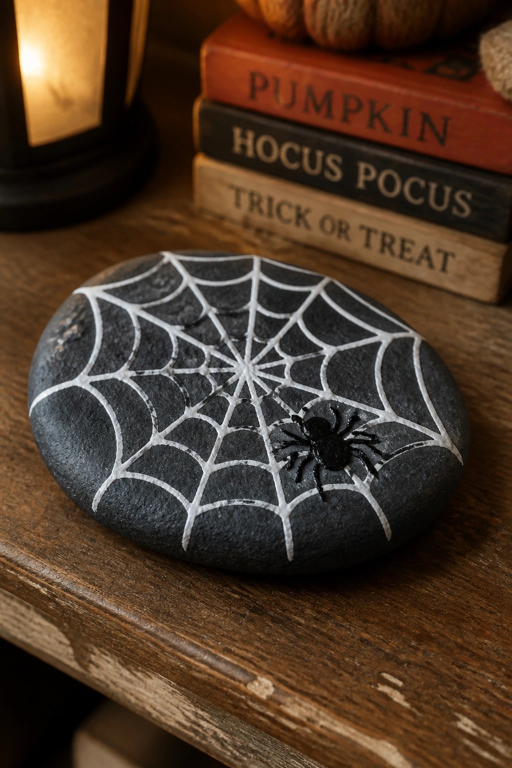 A dark rounded rock with a white painted spider web and black spider rests on a wooden table near stacked books and a lantern.
