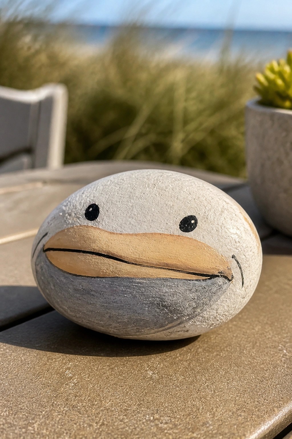 Painted rock duck with white head, gray body, and brown beak on table