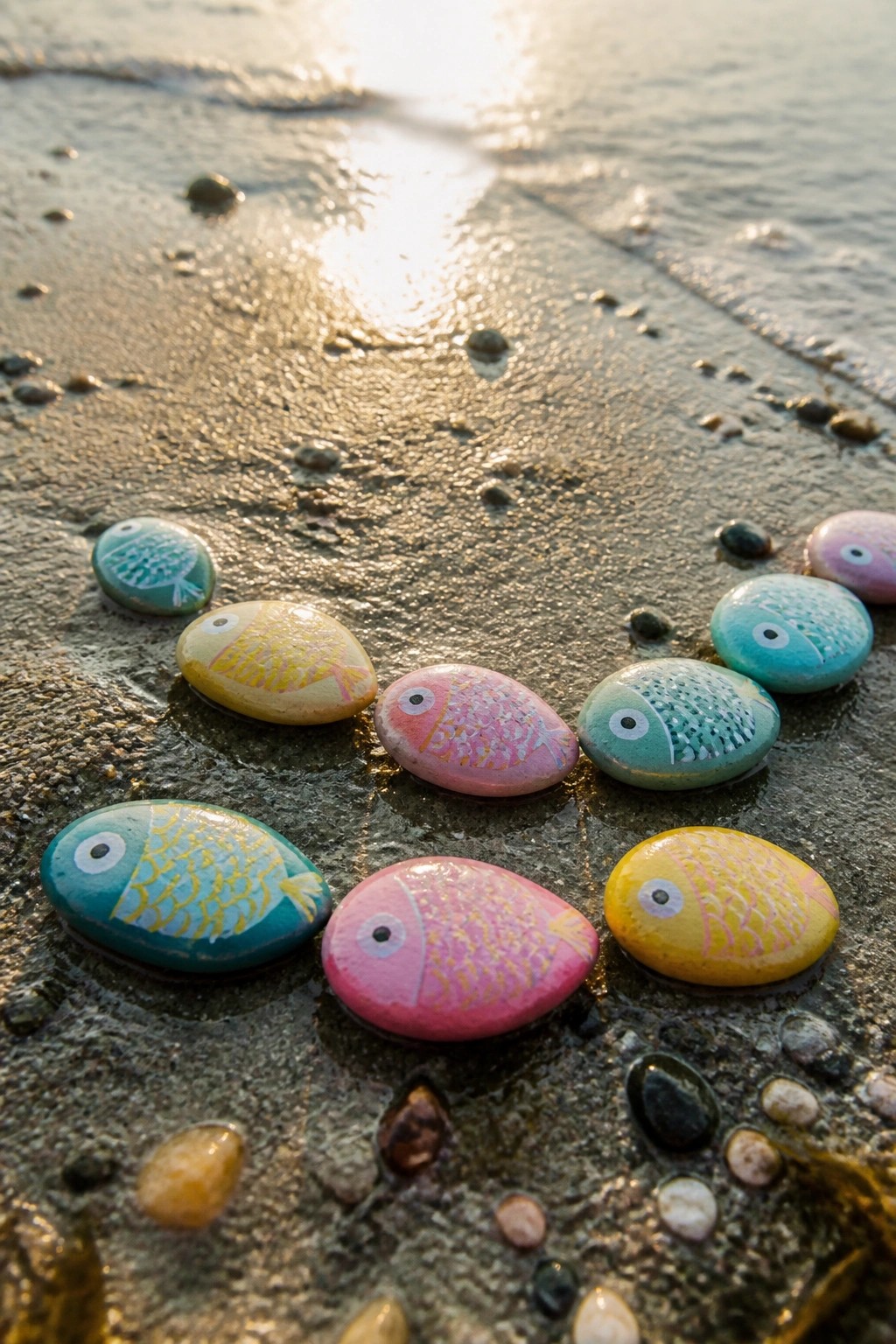 Colorful hand-painted fish pebbles lined on wet sandy beach at sunset