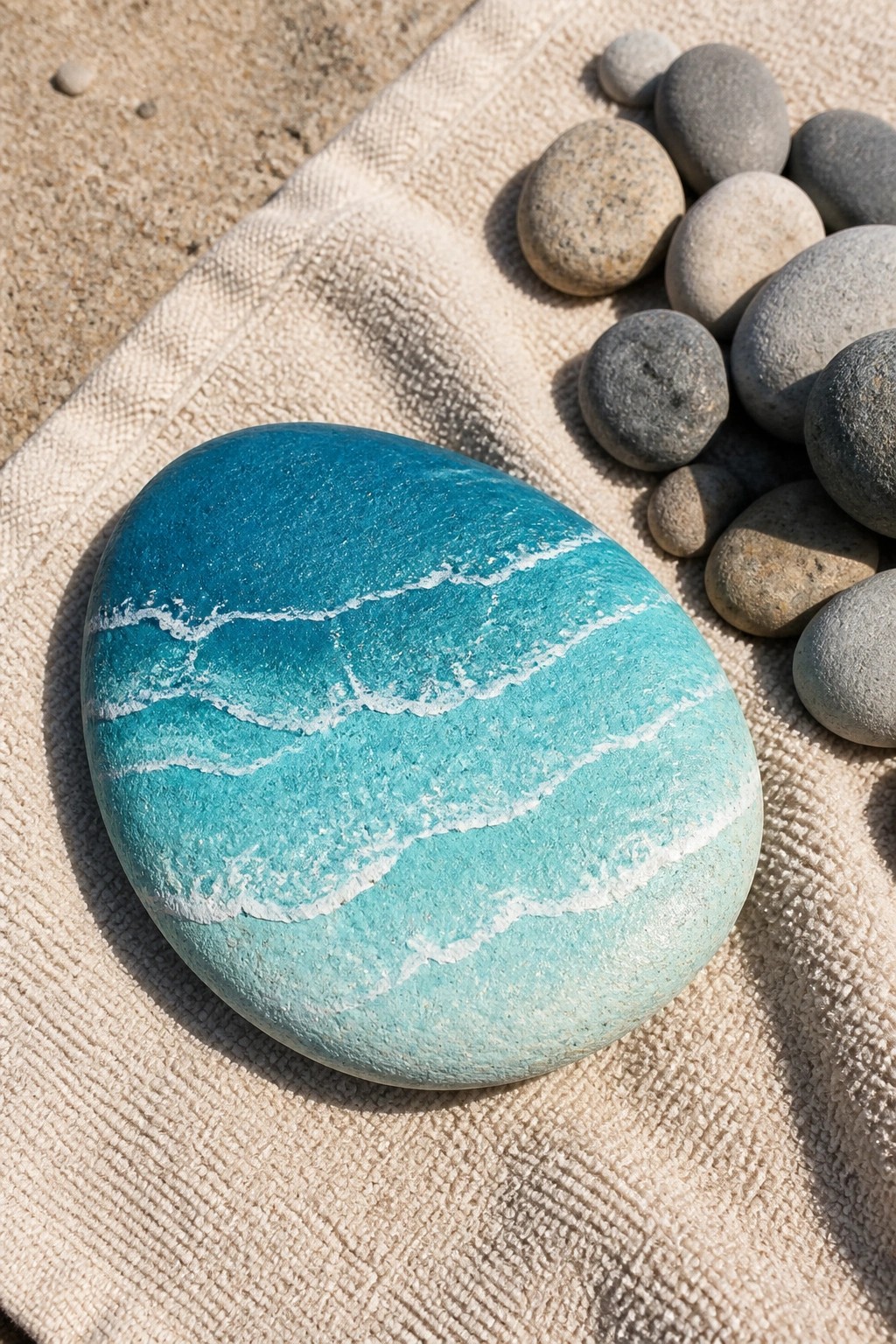 A smooth oval rock painted with blue and teal waves and white foam lines rests on a towel beside unpainted stones on sand.