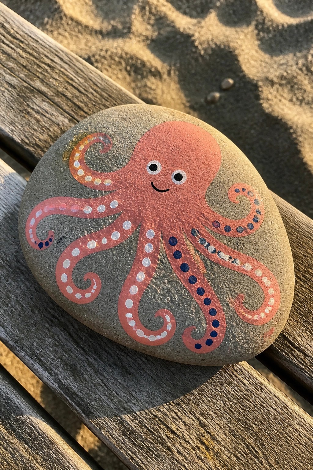 Smiling orange octopus with dotted tentacles painted on round beach stone on wood