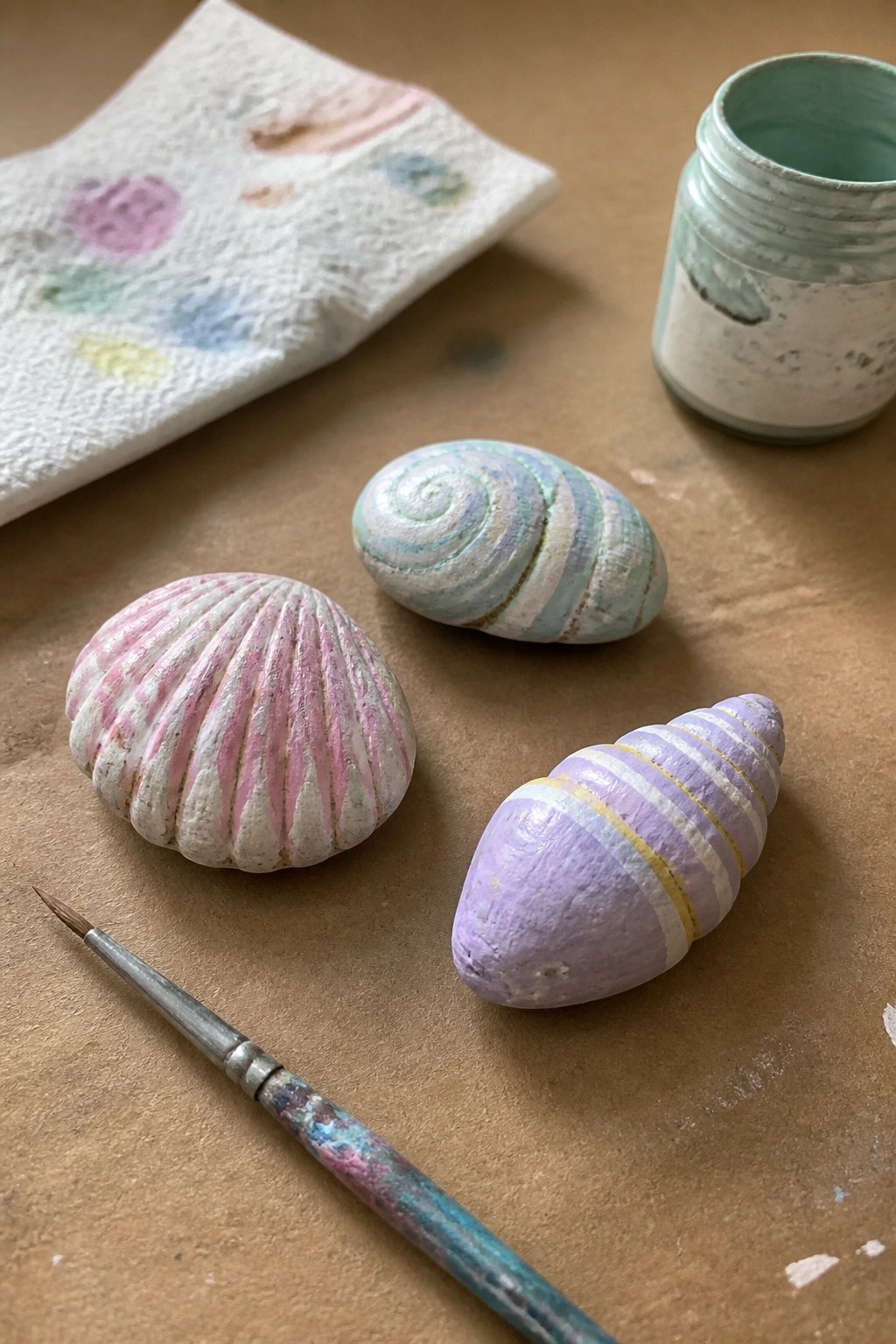 Three painted seashells with brush, paint jar, and stained paper towel.