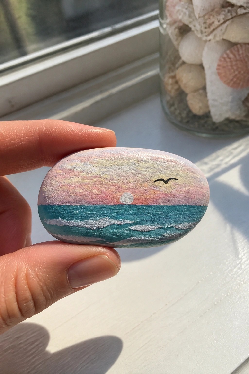 A hand holds a smooth oval rock painted with a sunset sky over teal waves, a small white sun on the horizon, and one black bird silhouette.