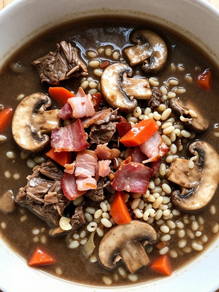 Bacon and Mushroom Guinness Lamb Stew with Pearl Barley