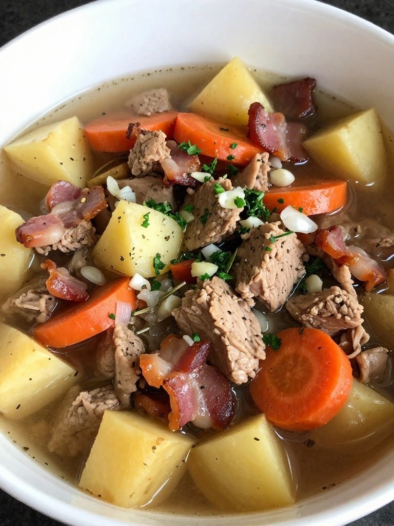 Smoky Bacon and Herb Pork Stew with Potatoes and Carrots