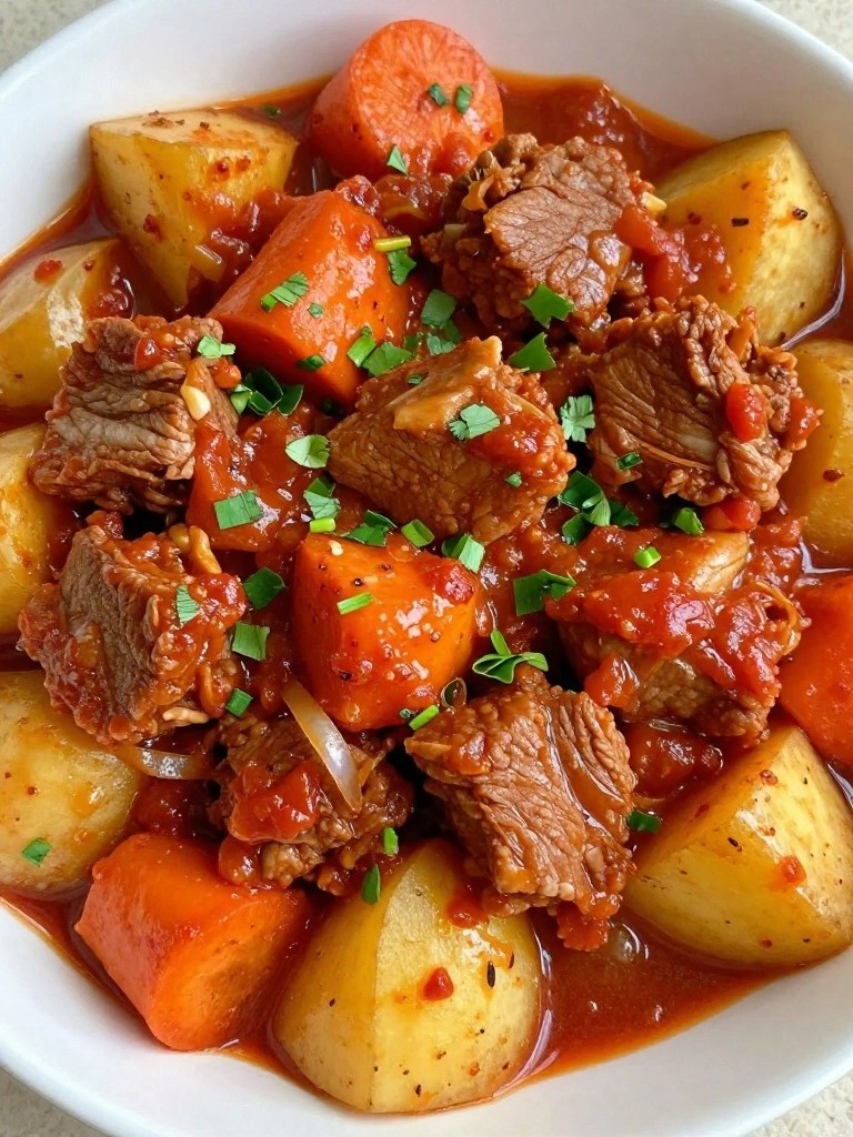 Spicy Harissa and Tomato Pork Stew with Potatoes and Carrots