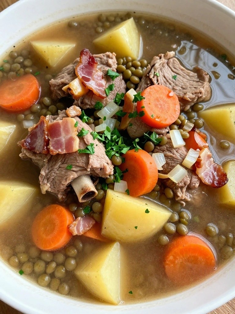 Smoky Bacon Lentil Pork Chop Stew with Root Vegetables