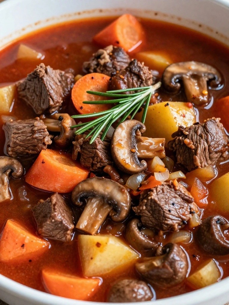 Italian Red Wine Beef Stew with Mushrooms and Rosemary