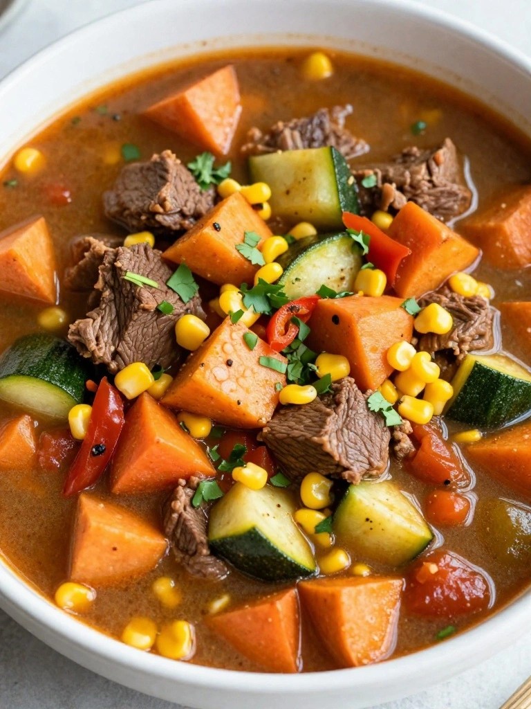 Crockpot Mexican Beef Stew with Sweet Potatoes, Corn, and Poblano Peppers