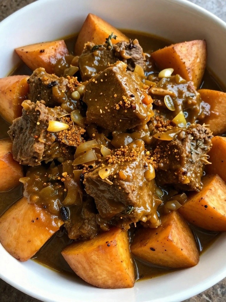 Jamaican Curry Lamb Stew with Sweet Potato and Allspice Gravy