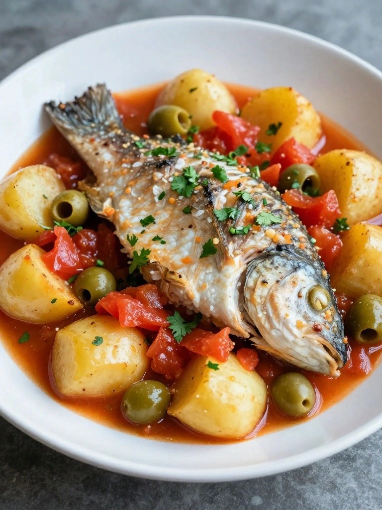Moroccan Fish Tagine with Tomatoes, Potatoes, and Olives