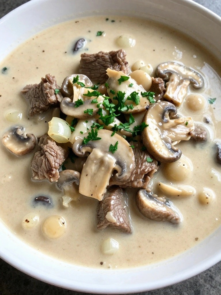 Creamy Mushroom Beef Stew with Pearl Onions