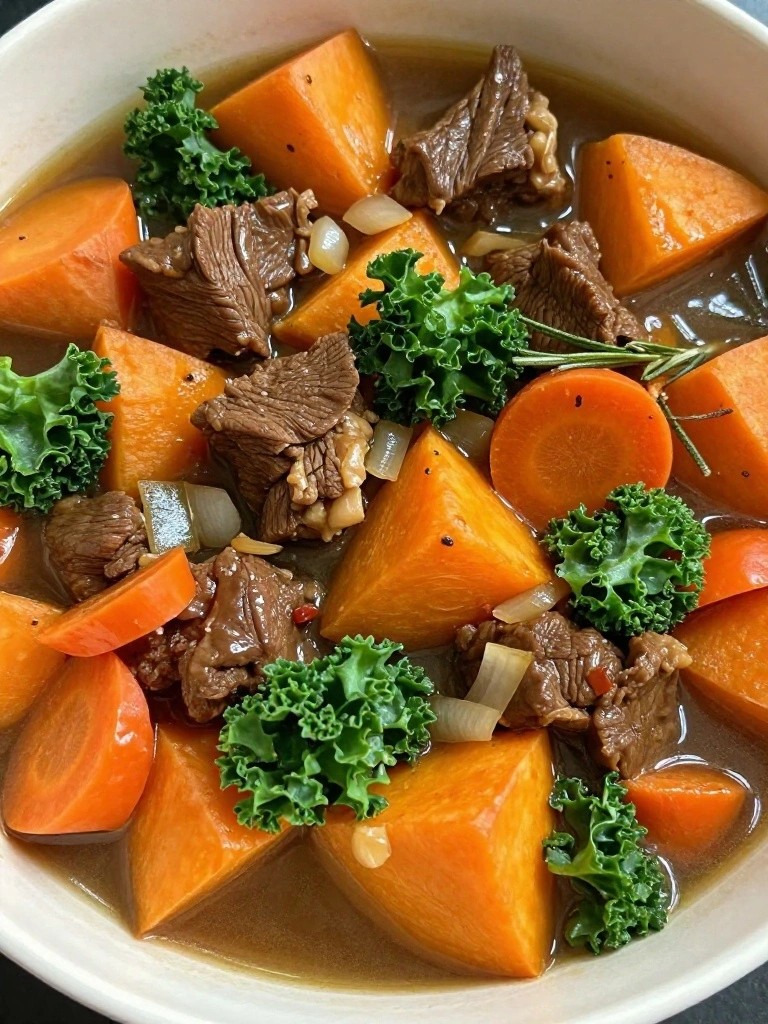 Sweet Potato Beef Stew with Kale and Rosemary