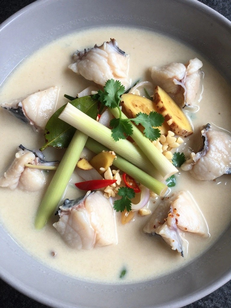 Indonesian Galangal Coconut Fish Stew with Kaffir Lime