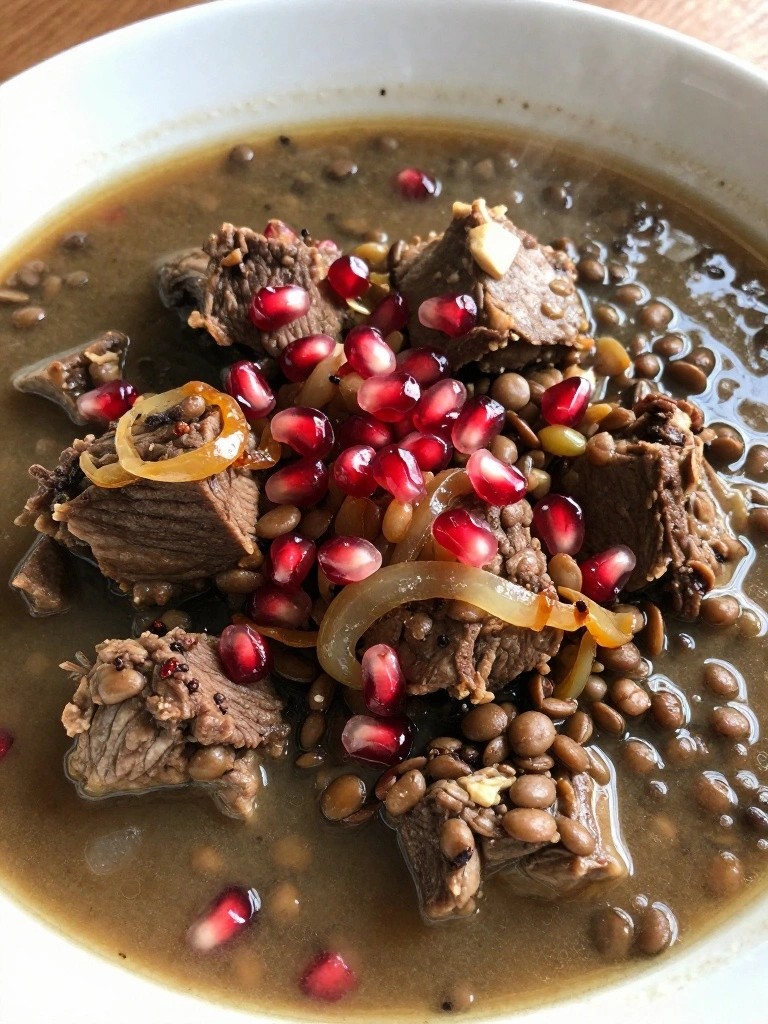 Baharat Lamb Stew with Lentils, Caramelized Onions, and Pomegranate
