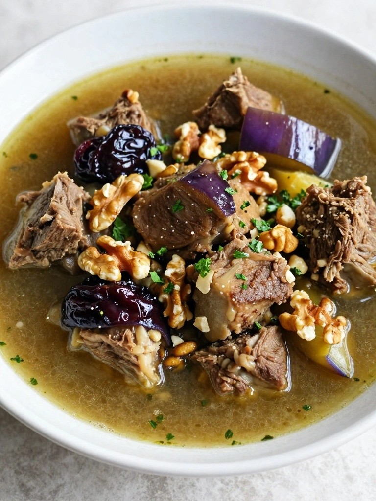 Cardamom Lamb Stew with Eggplant, Prunes, and Toasted Walnuts