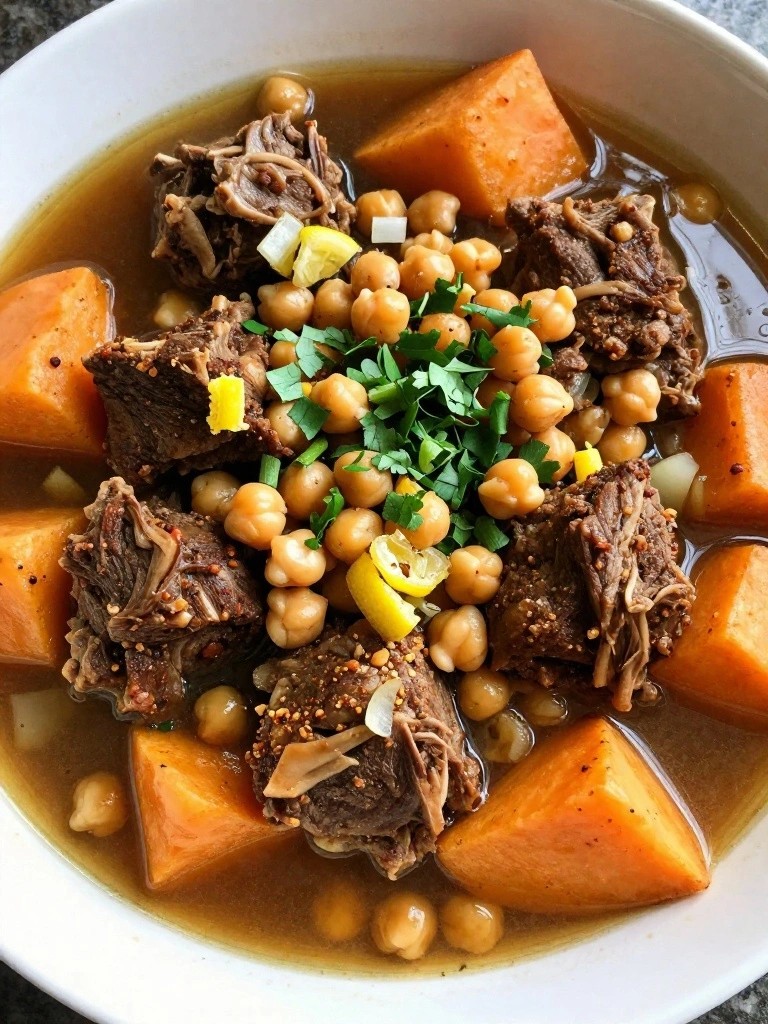 Ras el Hanout Lamb Stew with Sweet Potatoes, Chickpeas, and Preserved Lemon