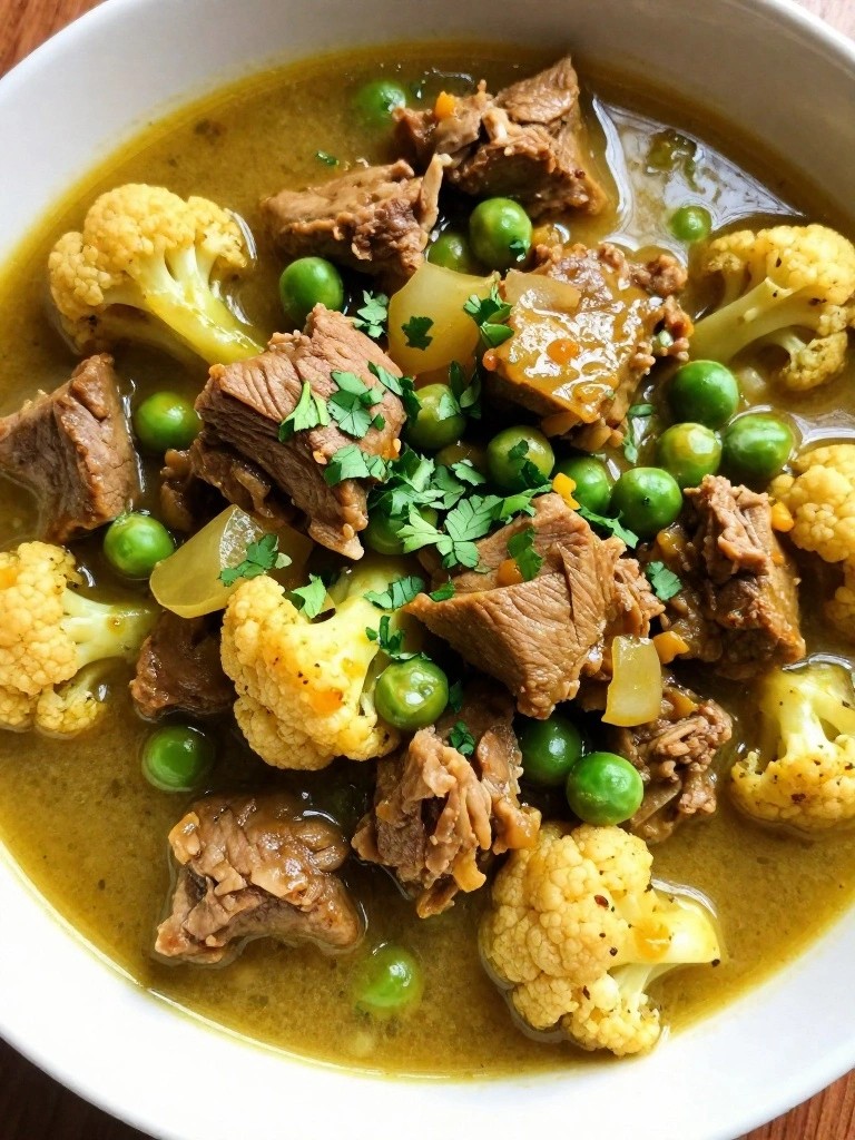Indian Curry Spiced Pork Tenderloin Stew with Cauliflower and Peas