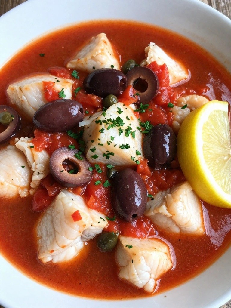 Mediterranean Cod Stew with Tomatoes, Olives, and Capers