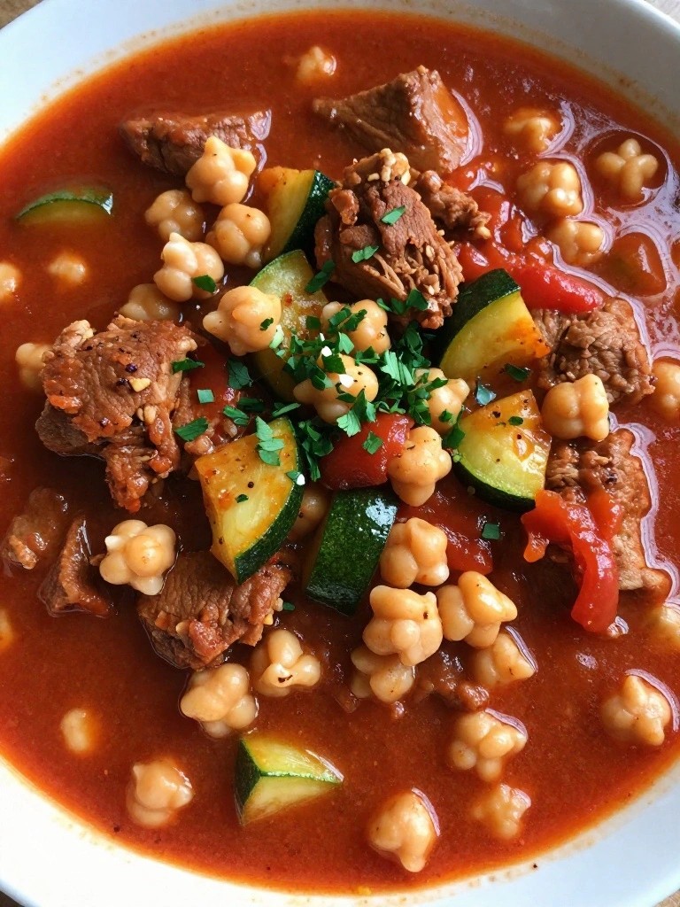 Harissa Pork Tomato Stew with Zucchini and Chickpeas