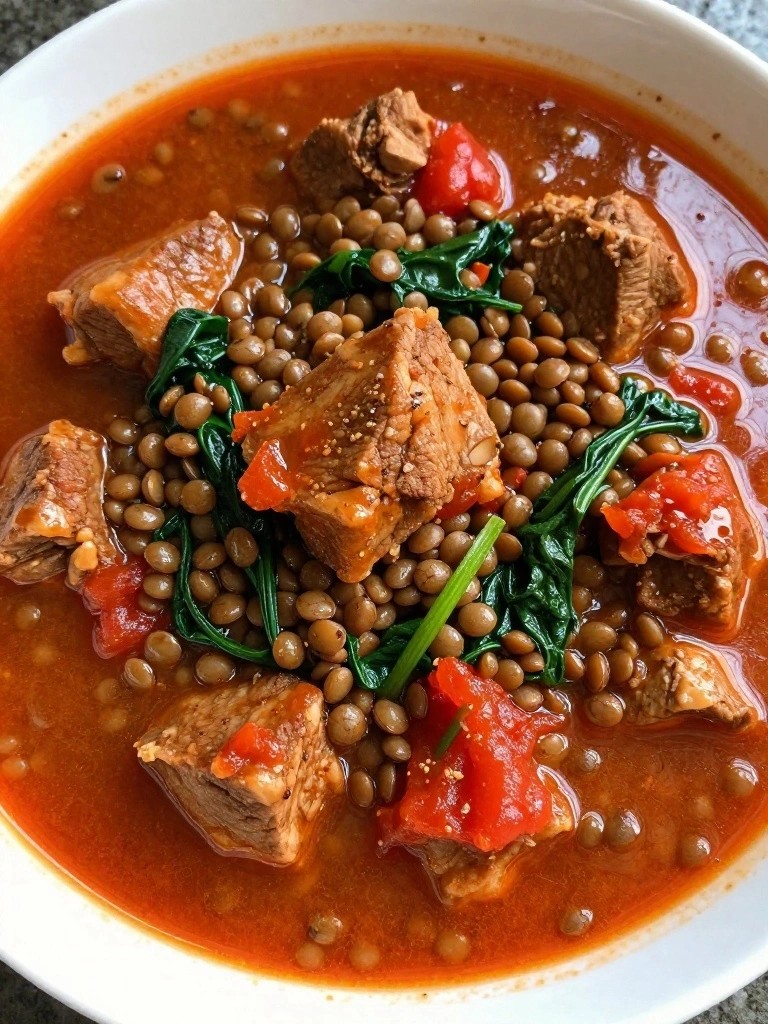 Lentil and Pork Tomato Stew with Cumin and Spinach