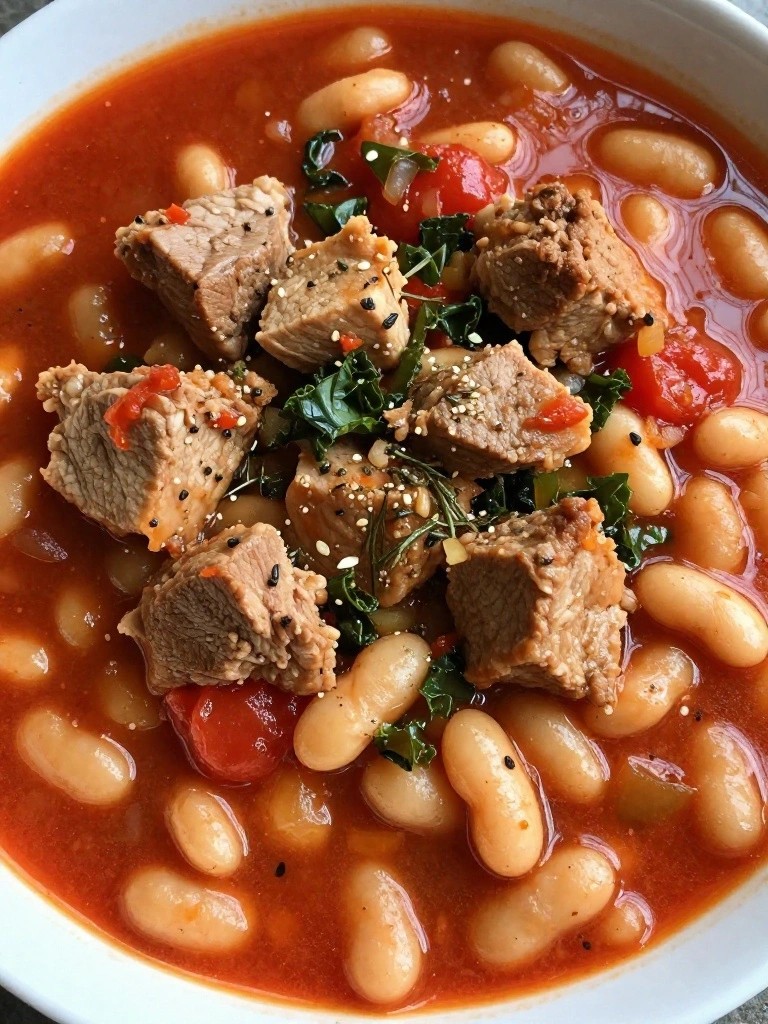 Tuscan Pork Tomato Stew with White Beans and Kale