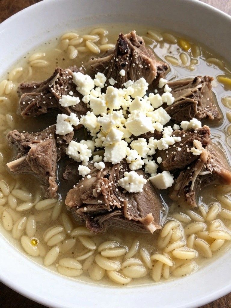 Greek Lamb Neck Stew with Lemon, Orzo, and Crumbled Feta