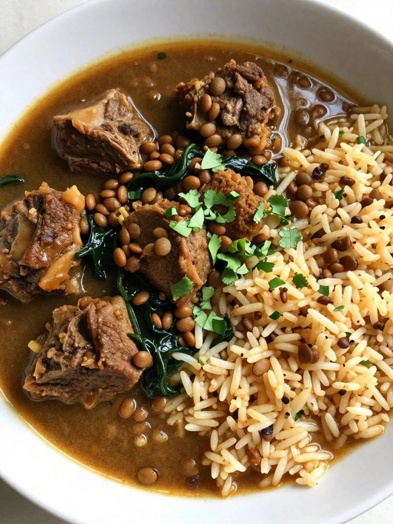Indian-Spiced Lamb Neck Stew with Lentils, Spinach, and Basmati Rice
