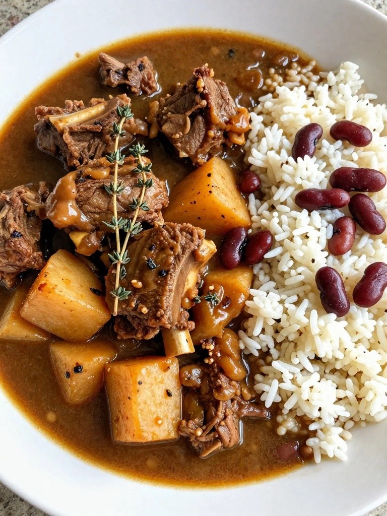 Jamaican Lamb Neck Stew with Yams, Thyme, and Rice and Peas