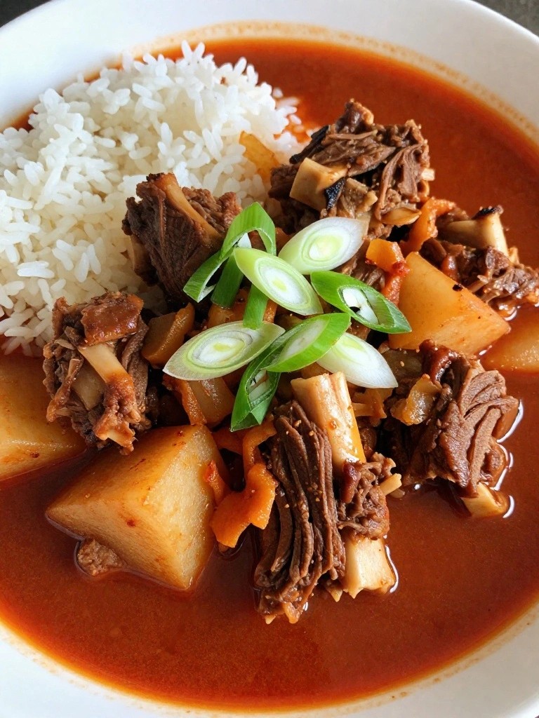 Korean Lamb Neck Stew with Gochujang, Daikon, and Steamed Rice