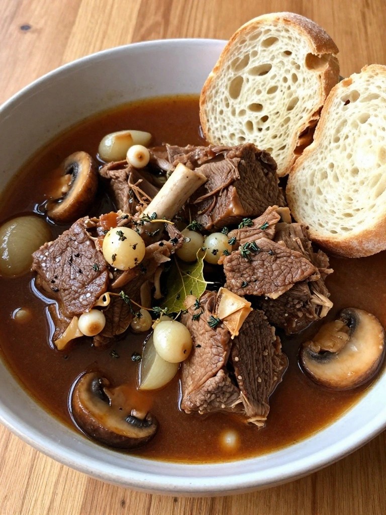 Rustic French Lamb Neck Stew with Mushrooms, Pearl Onions, and Crusty Bread